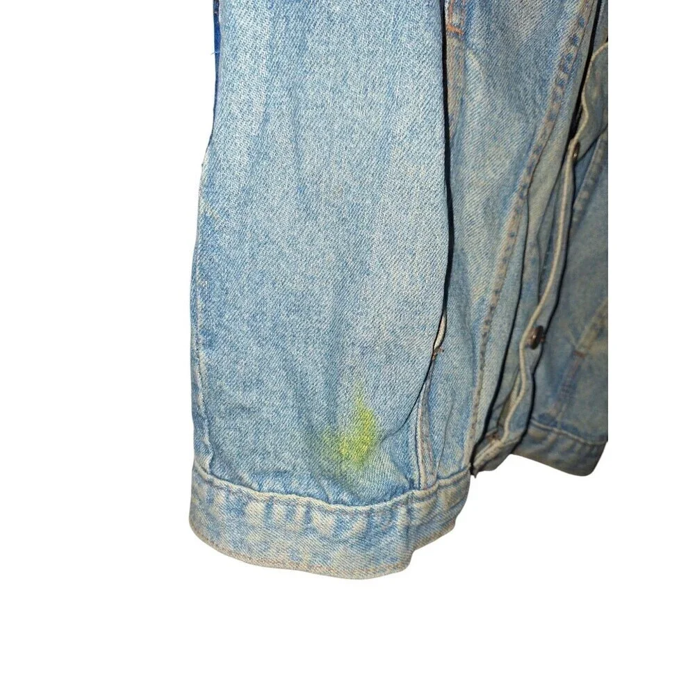 Custom Vintage Denim Jacket Trucker Size L Sauce Blue Plaid Drip Rizz Ripped‎